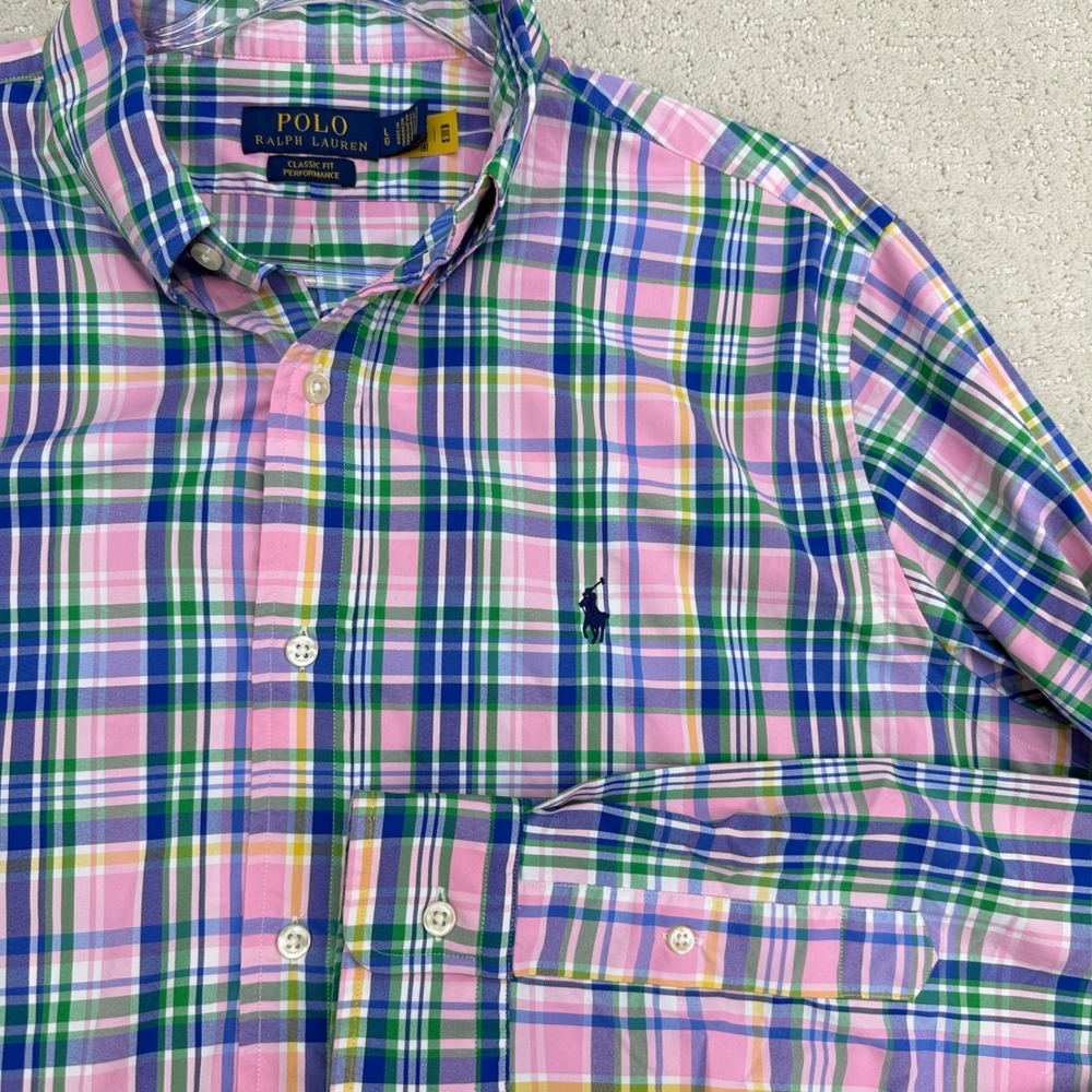 Polo Ralph Lauren Sport Shirt Mens L Pink Green Plaid Classic Fit Performance